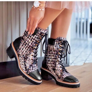 Tory Burch Miller Lug Sole Bootie Striped Tweed/CalfLeather